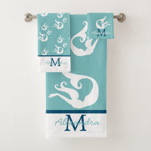 Serviette de bain Mermaid Turquoise Bleu Blanc Pla (En situation)