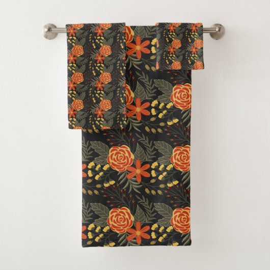 Serviette de bain motif à fleurs orange et jaune (En situation)