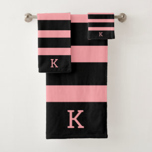 Serviette de bain motif à rayures noir et rose