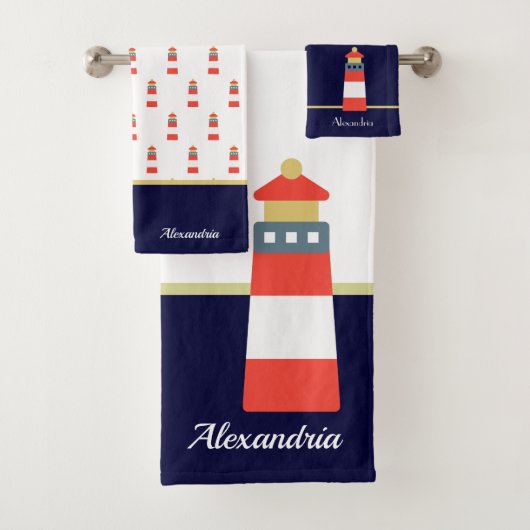 Serviette de bain Nautical Gold et bleu marine Lig (En situation)