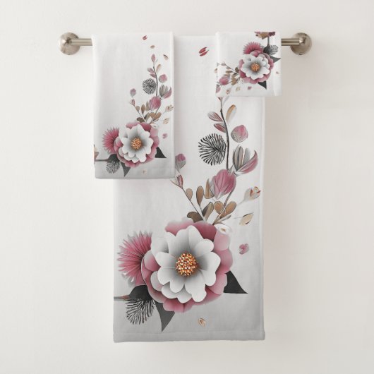 Serviette de bain rose blanc fleuri (En situation)