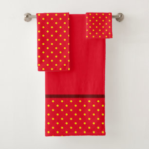 Serviette de bain rouge avec pois jaunes et rayure