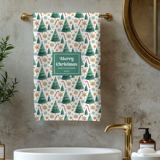 Serviette de bain rouge vert or arbres de Noël cha