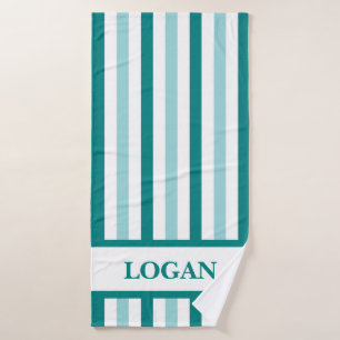 Serviette de bain turquoise en bande avec nom pers