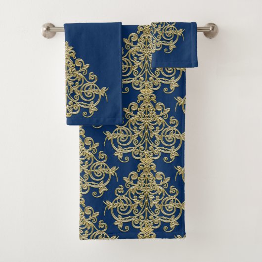 Serviette de bain vintage Gold et Blue Damask (En situation)