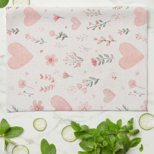 Serviette de cuisine à coeur doux et fleurs (Plié)