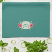 Serviette de cuisine à monogramme floral sarcelle  (Plié)