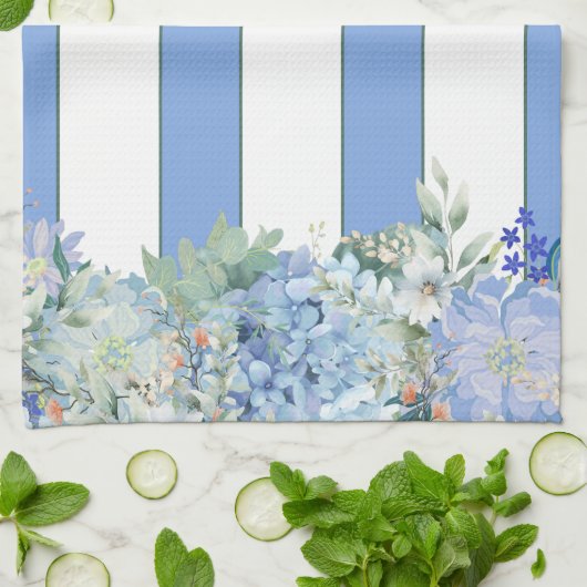 Serviette de cuisine à rayures bleues Hydrangea et (Plié)