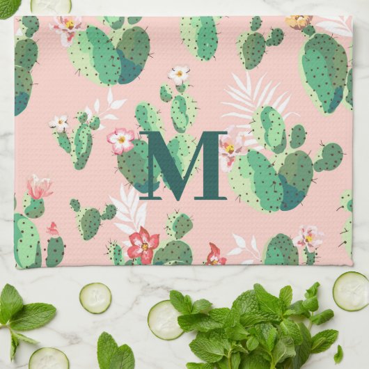 Serviette de cuisine à thème Cactus avec initiale (Plié)