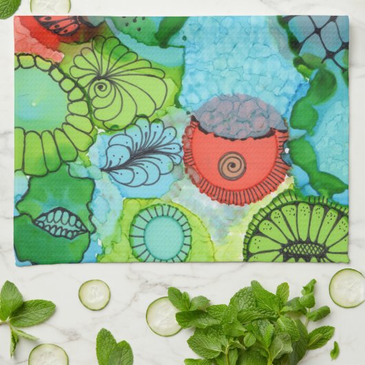 Serviette de cuisine abstraite d'orange/turquoise (Plié)