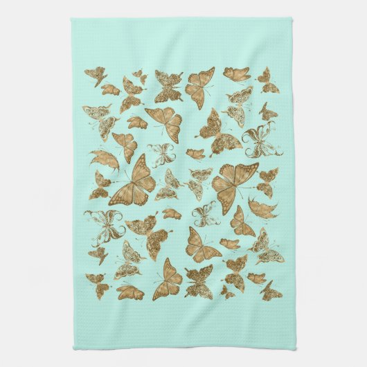 Serviette de cuisine Aqua et Gold Butterfly (Vertical)