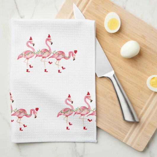 Serviette de cuisine aux flamants roses de Noël (Quart Plié)