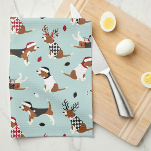 Serviette de cuisine bleue Beagle de Noël