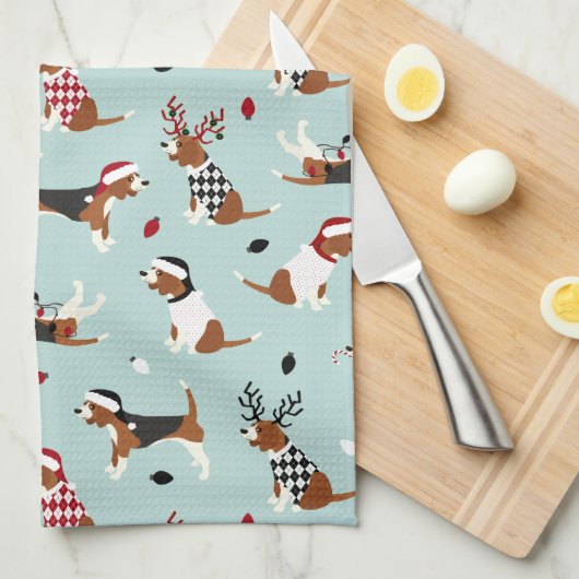 Serviette de cuisine bleue Beagle de Noël (Quart Plié)