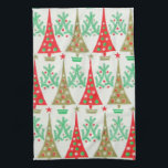 serviette de cuisine d'arbre de Noël de bande<br><div class="desc">Jeepers ! Il commence à sembler beaucoup comme Noël moderne de la moitié du siècle avec cette serviette de cuisine d'arbre de Noël de bande dessinée des années 1950. Les caractéristiques de conception vintages une image de répétition des arbres de Noël rouges avec les ornements verts et blancs et les...</div>