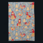 Serviette de cuisine d'art populaire scandinave<br><div class="desc">Cette Serviette de cuisine d'inspiration scandinave présente un renard blanc et un motif de poulet aux motifs jaunes et rouges sur un arrière - plan bleu et coordonne avec la collection "Velkommen". La serviette parfaite pour toute cuisine.</div>