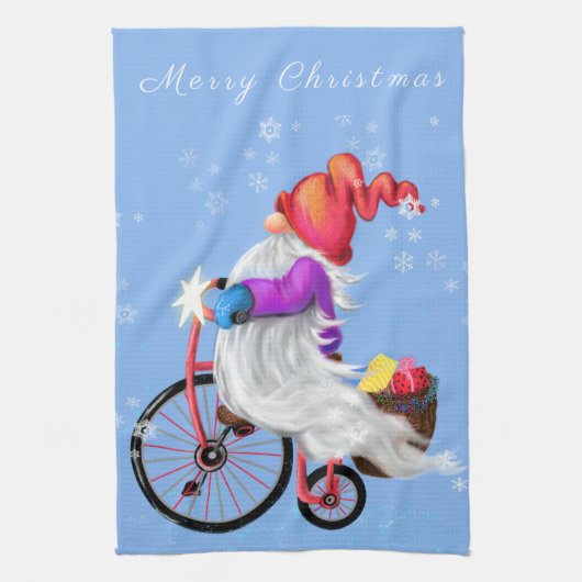 Serviette de cuisine de Noël Gnome avec vélo et ca (Vertical)