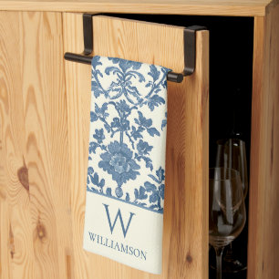 Serviette de cuisine en toile bleue avec monogramm