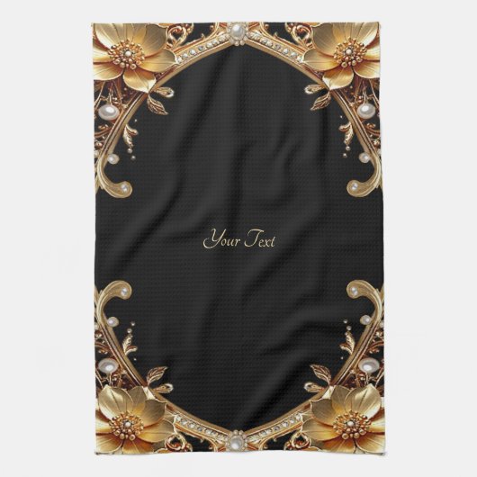 Serviette de cuisine Fleurs décoratives en or (Vertical)