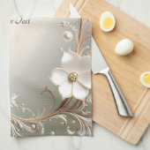 Serviette de cuisine florale blanche ornée (Quart Plié)