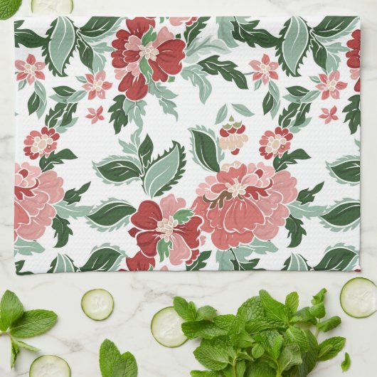 Serviette de cuisine florale rouge/olive (Plié)