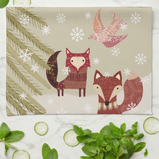 Serviette de cuisine Fox et Dove d'hiver (Plié)