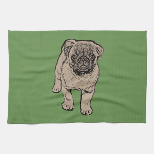 Serviette de cuisine mignonne de carlin - vert (Horizontal)