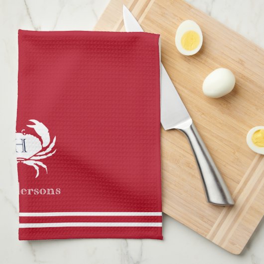 Serviette de cuisine monogramme de crabe blanc rou (Quart Plié)