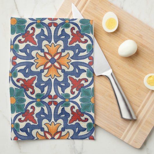 Serviette de cuisine Motif Azulejos colorée (Quart Plié)