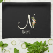 Serviette de cuisine noire monogramme Cadeau de pe (Plié)
