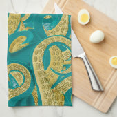 Serviette de cuisine Octopus turquoise or (Quart Plié)