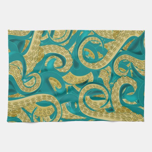 Serviette de cuisine Octopus turquoise or (Horizontal)