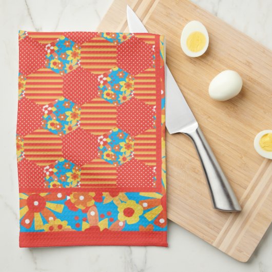 Serviette de cuisine ou de thé, orange, Patchwork  (Quart Plié)