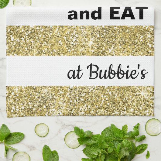 Serviette de cuisine Pâque/Or, "Mange AT..." (Plié)