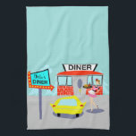 Serviette de cuisine personnalisable de<br><div class="desc">Servez quelque chose spéciale avec cette serviette de cuisine personnalisable de wagon-restaurant des années 1950. Les caractéristiques de conception de dessin de bande dessinée un immeuble de brique rouge avec les fenêtres bleues, les portes à deux battants grises, et un signe blanc qui indique, "wagon-restaurant" étaient perché sur le toit....</div>