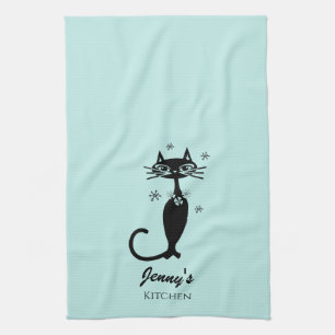 Serviette de cuisine personnalisée chat noir rétro