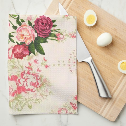 Serviette de cuisine rose Roses (Quart Plié)