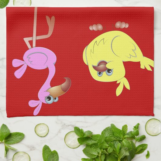 Serviette de cuisine rouge avec le poussin rose de (Plié)