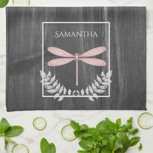 Serviette de cuisine rustique de libellule rose (Plié)