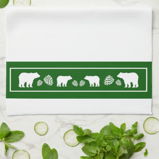 Serviette de cuisine rustique vert blanc ours pine (Plié)