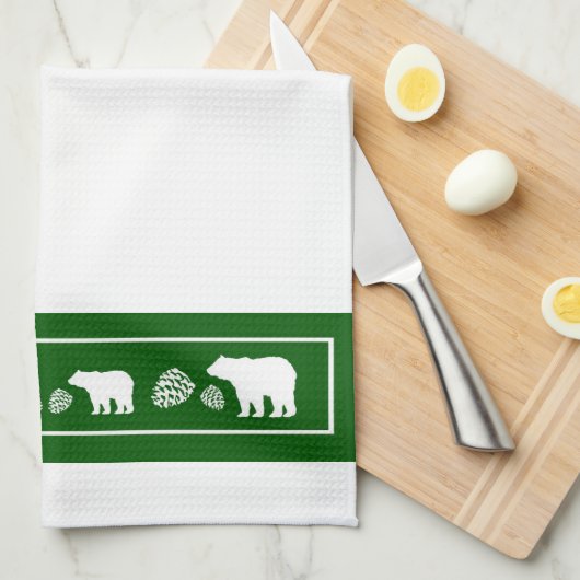 Serviette de cuisine rustique vert blanc ours pine (Quart Plié)