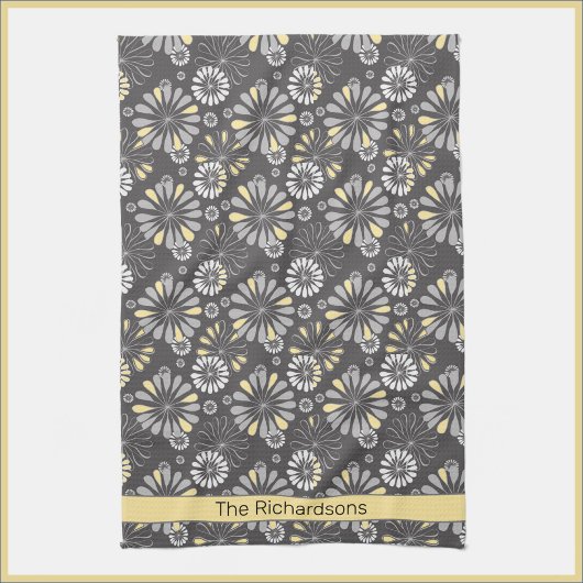 Serviette de cuisine tendance gris et jaune floral