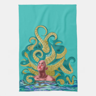 Serviette de cuisine turquoise avec Octopus Woman