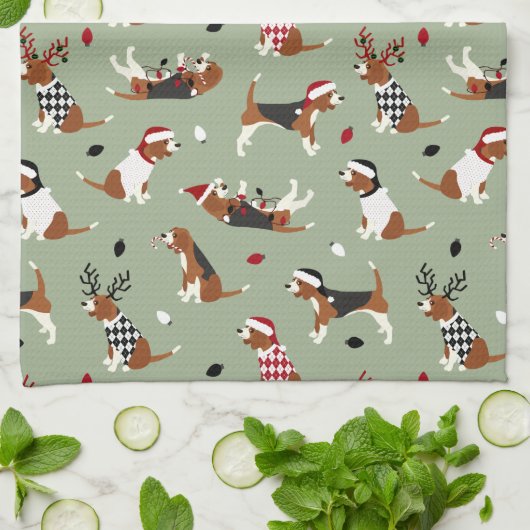 Serviette de cuisine verte Beagle de Noël (Plié)