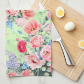 Serviette de cuisine verte rose floral (Quart Plié)