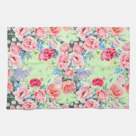 Serviette de cuisine verte rose floral (Horizontal)