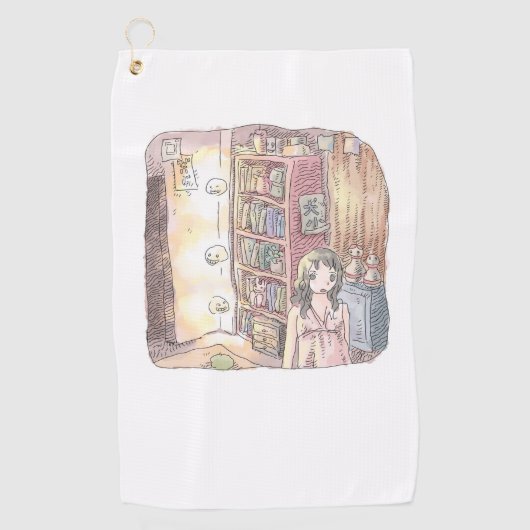 SERVIETTE DE GOLF さなくむじ  薄暗いお部屋で本棚のそばに浮いているぼんやり光る物体と女性のイラスト (Devant)