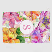 Serviette de golf à monogramme floral rose violet (Horizontal)