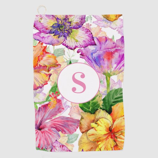Serviette de golf à monogramme floral rose violet (Devant)