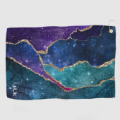 Serviette De Golf Agate Bleu Violet Aqua Veines Or Monogramme (Horizontal)